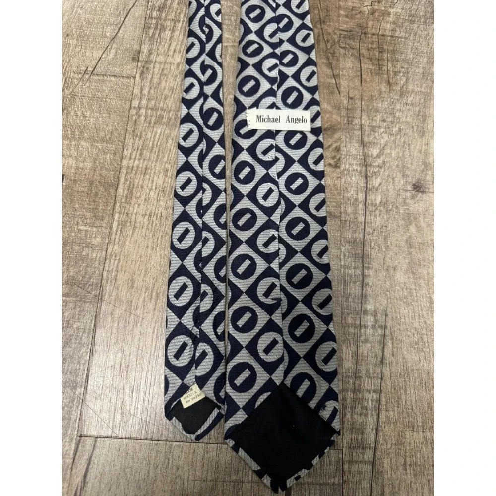 Michael Angelo Vintage Mens Geometric Tie Navy Silver Rhodia Acetate 59x4